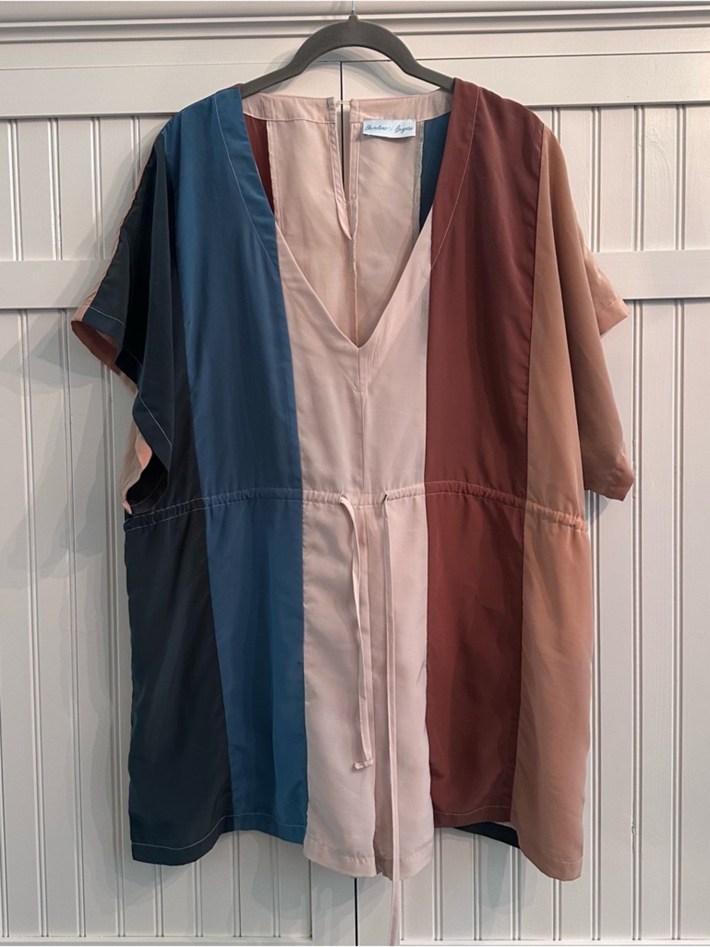 Shoreline Sugars Multi-Panel V-Neck Drawstring Romper - Blue/Pink/Brown L